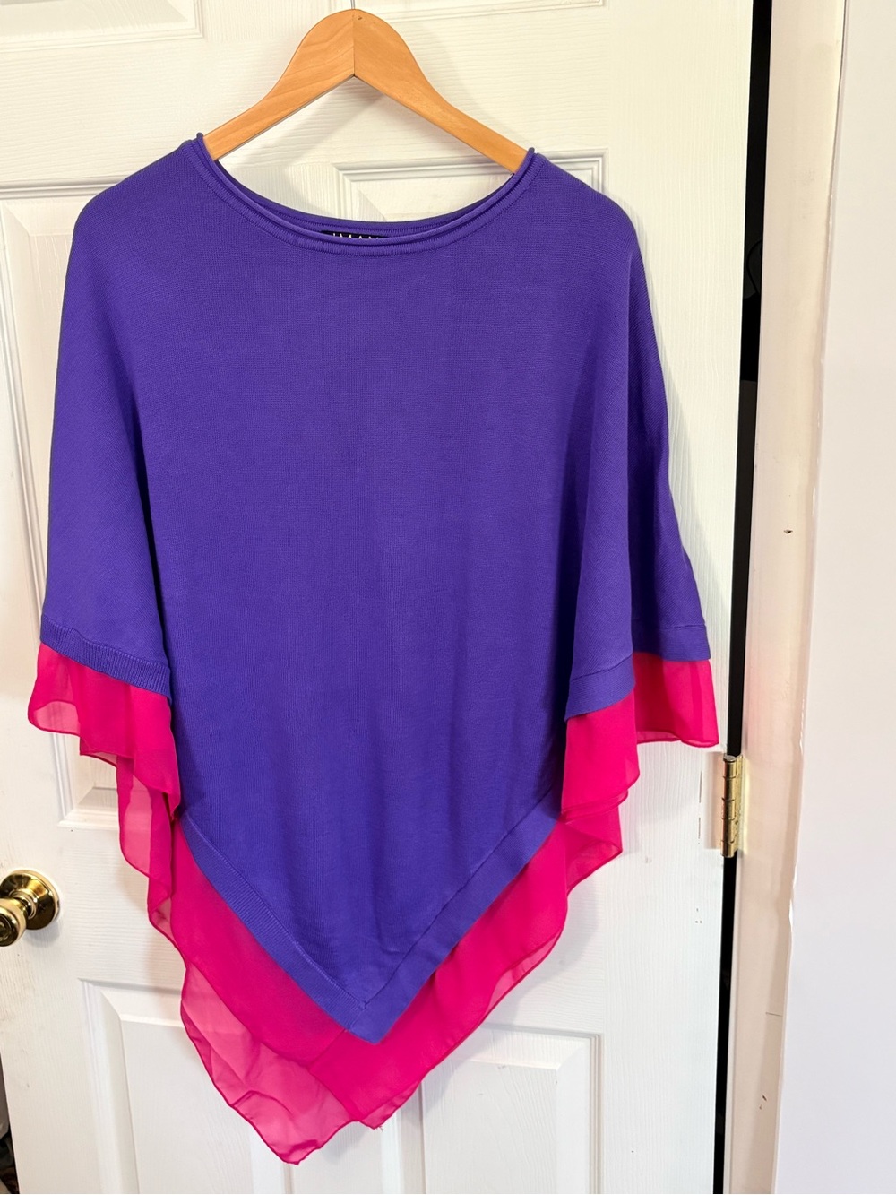 IMAN Purple Poncho Sweater with Pink Ruffle Hem